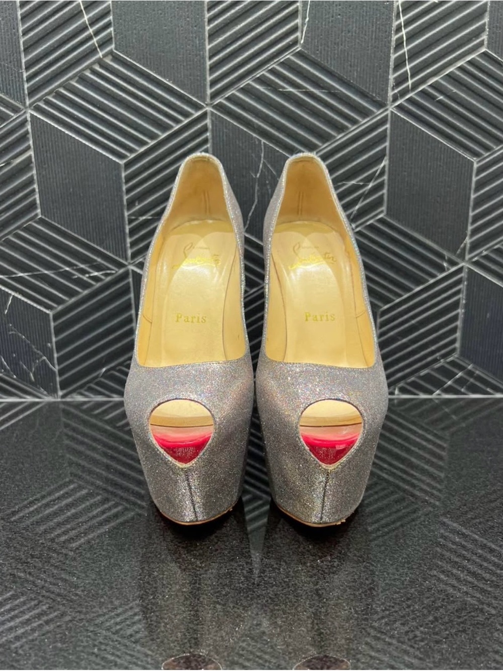 Christian Louboutin Silver Glitter Open-Toe Platform Pumps with Red Sole Peek